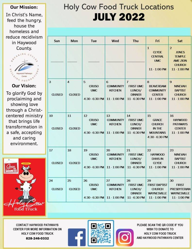 Holy Cow Food Truck July Calendar